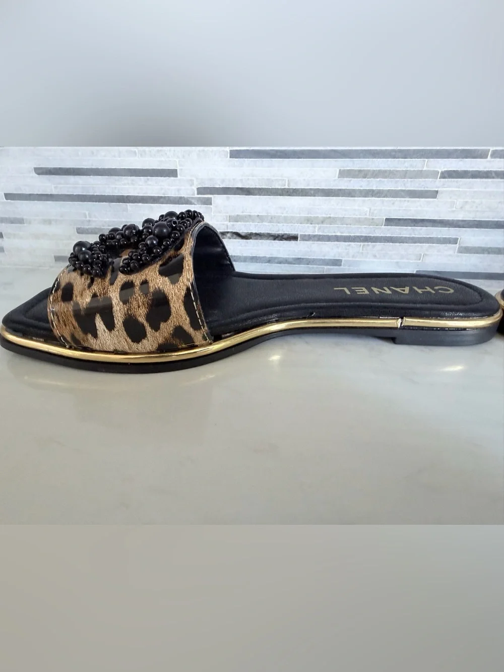 CHANEL Leopard Beaded Slide Mules in Black & Brown size 6